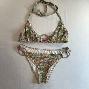Victoria’s Secret Bikini Set L Geo Print Halter Ring Top Cheeky Bottom Swim
